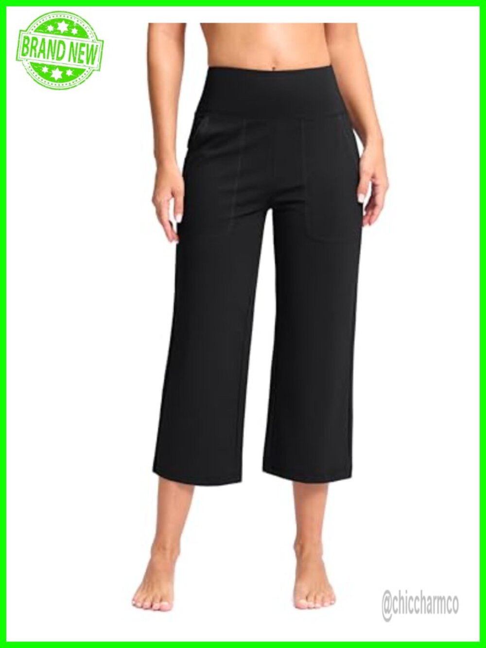 High Waist Wide Leg Capri Yoga Pants with Pockets, Black